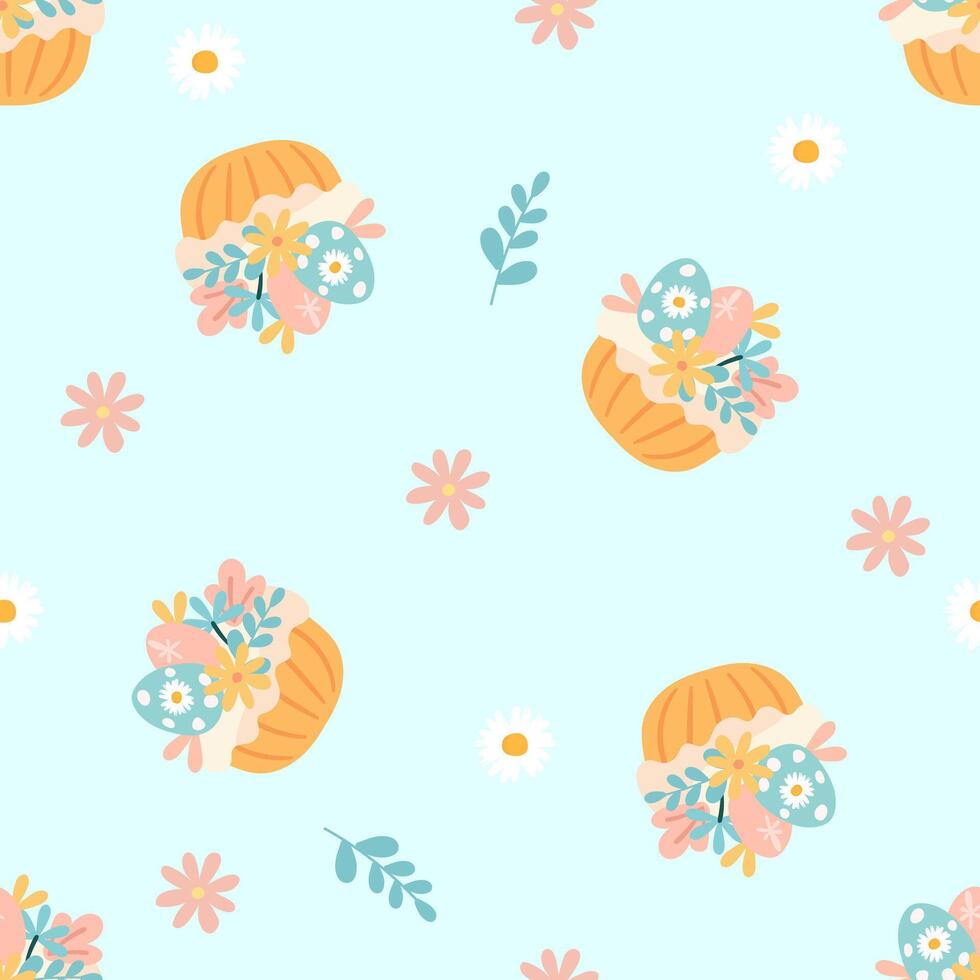 Seamless pattern easter with flowers cartoons easter basket vector
