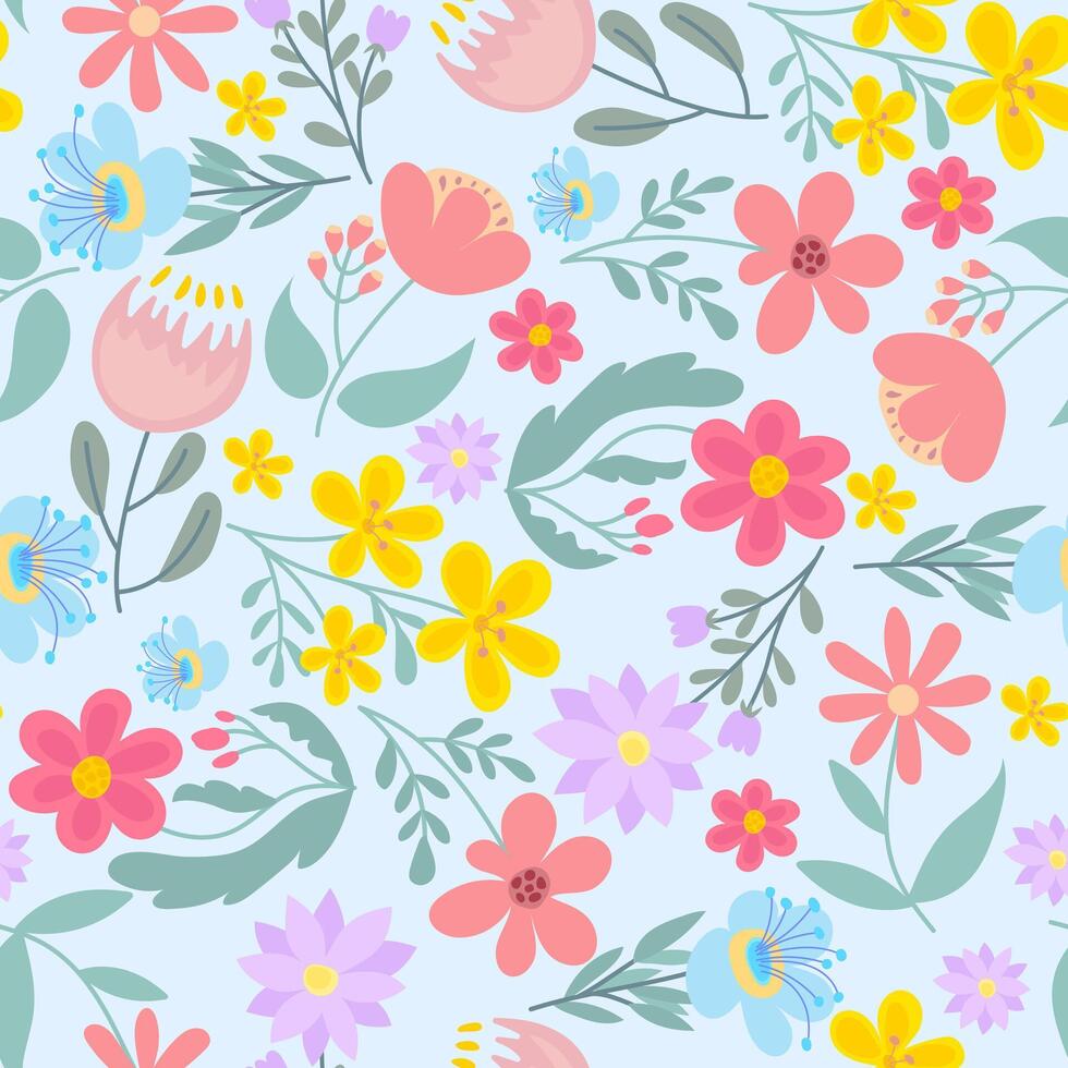 Cute hand drawn spring summer flower bees honey Bright pattern fabric cloth wallpaper wrap paper. vector