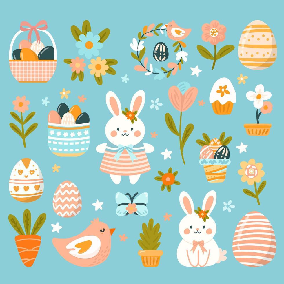 cute easter bunny with gift boxes and flowers vector