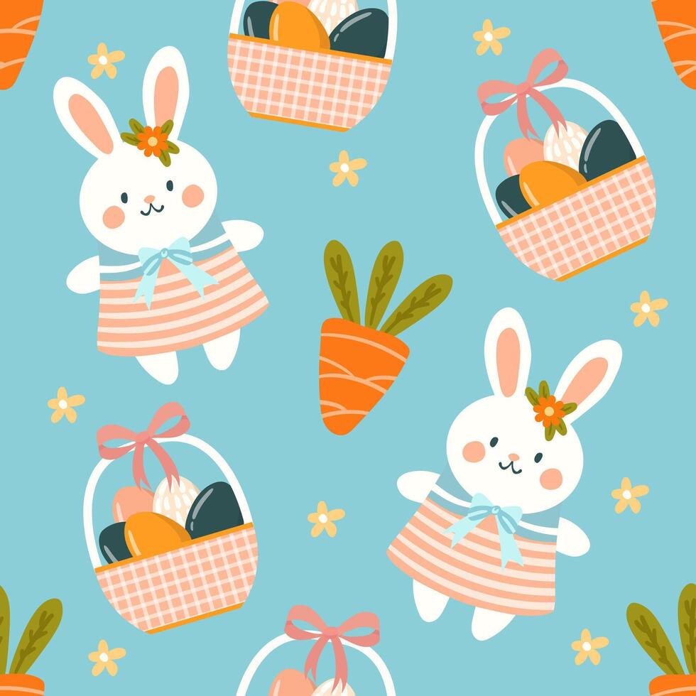 Seamless pattern easter with flowers cartoons easter basket vector