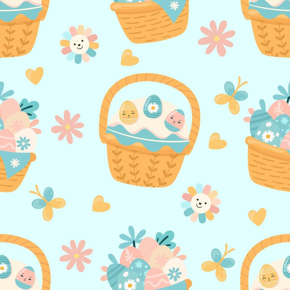 Seamless pattern easter with flowers cartoons easter basket vector