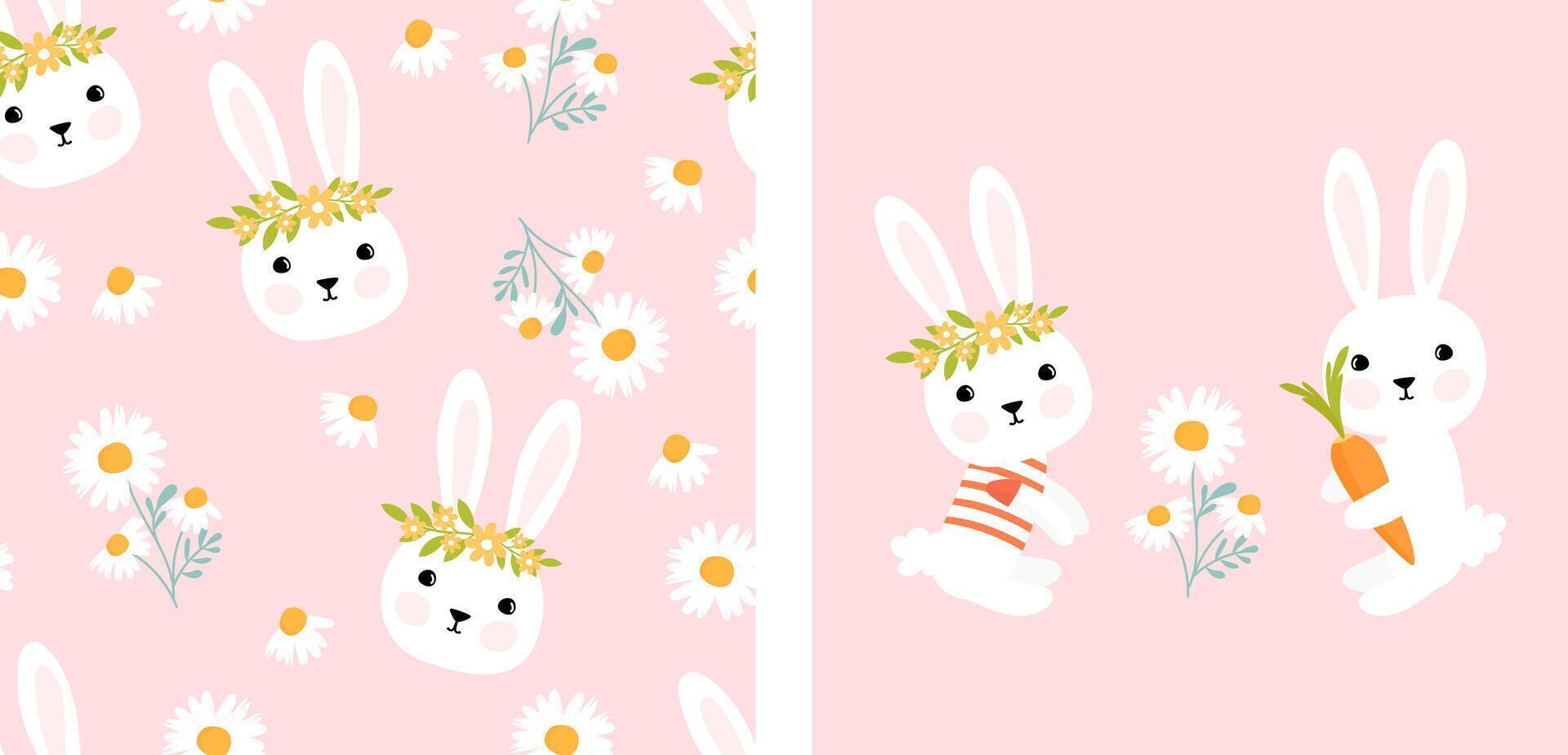 Seamless pattern with bunny rabbit cartoons and cute camomile vector illustration.