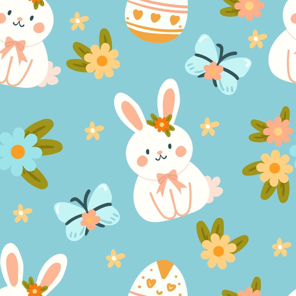 Seamless pattern easter with flowers cartoons easter basket vector