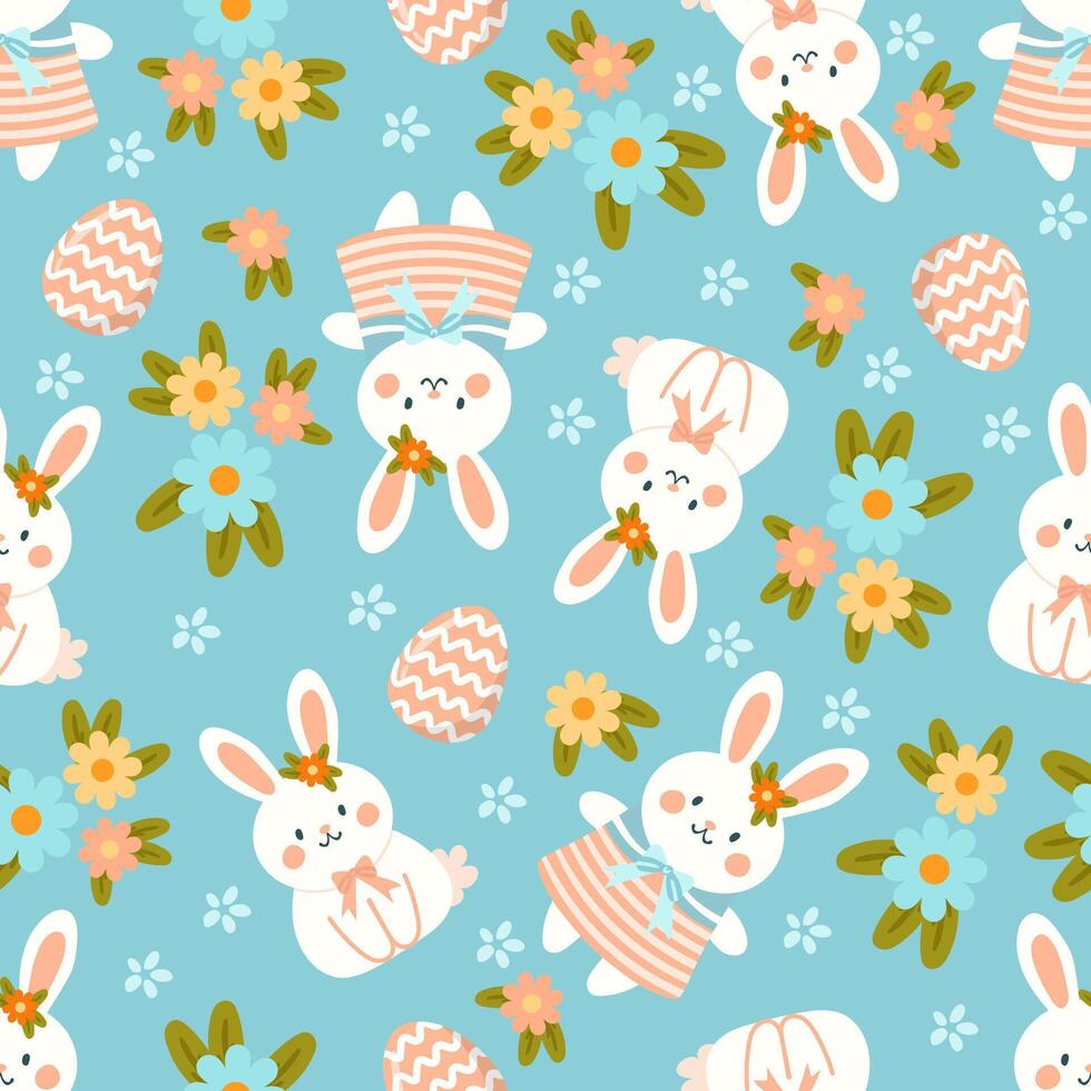 Seamless pattern easter with flowers cartoons easter basket vector