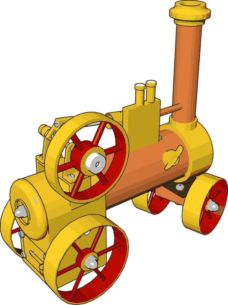 3D vector illustration of yellow and orange steam engine machine on white background