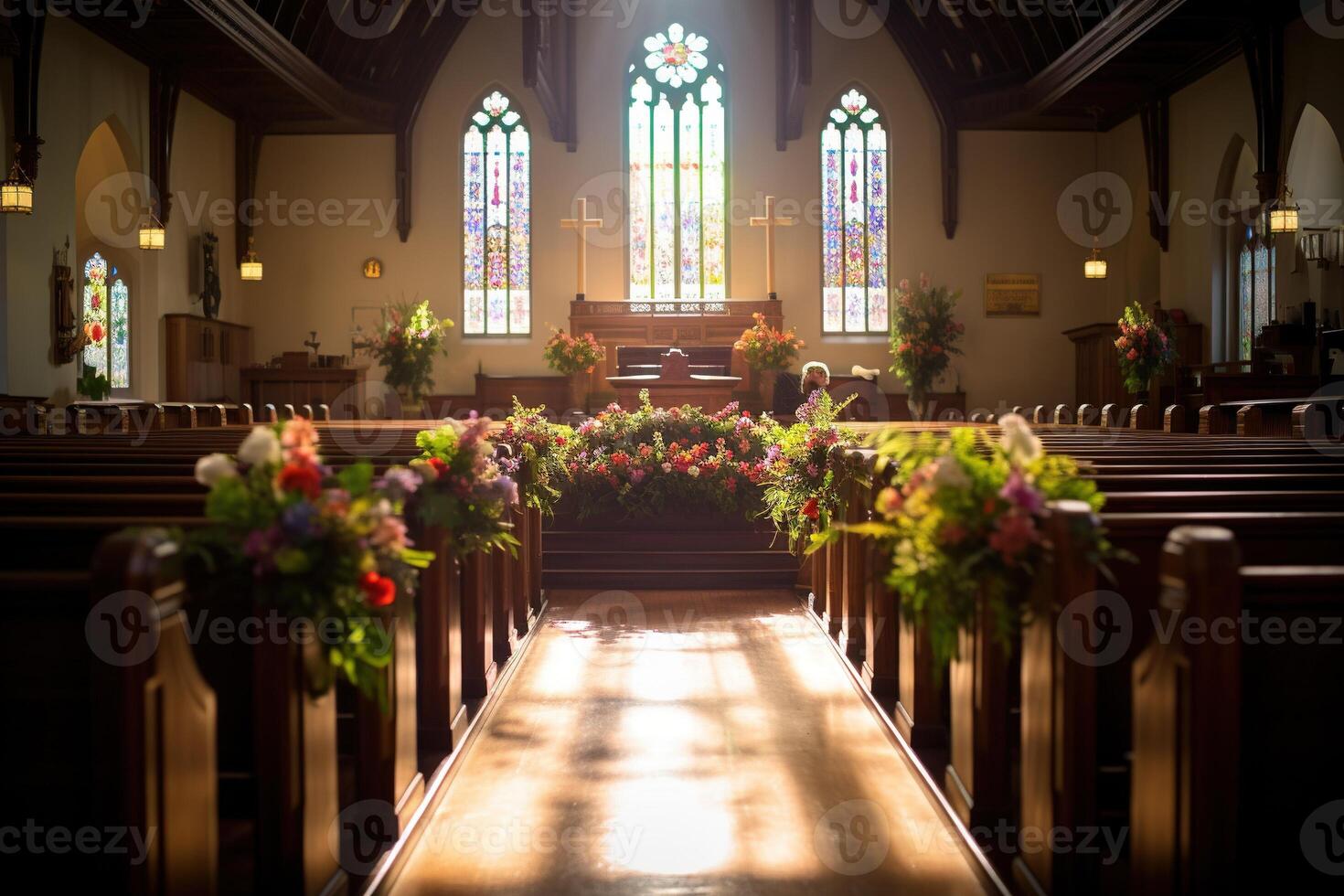 Interior of a church with a lot of flowers in the foreground.Funeral concept AI generated photo