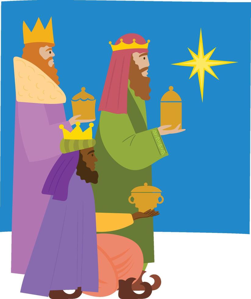contento Epifanía día . Tres sabio hombres, 3 magia reyes trayendo regalos a Jesús vector