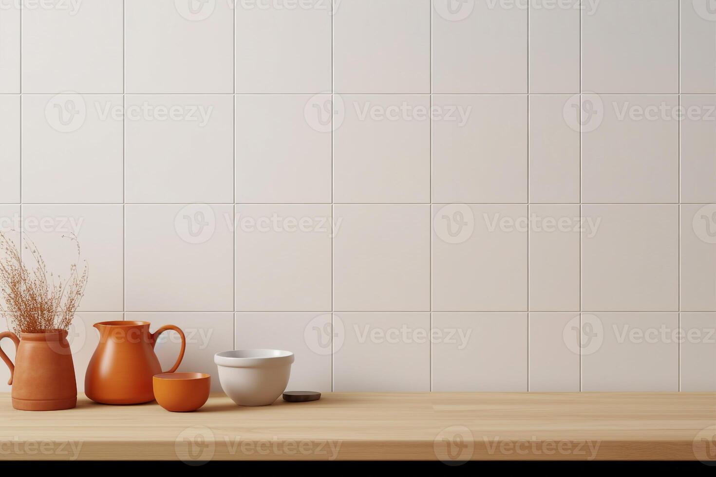 Minimal cozy counter mockup design for product presentation background or branding with bright wood counter tile white wall with orange brown jug. Kitchen interior. generative ai. photo