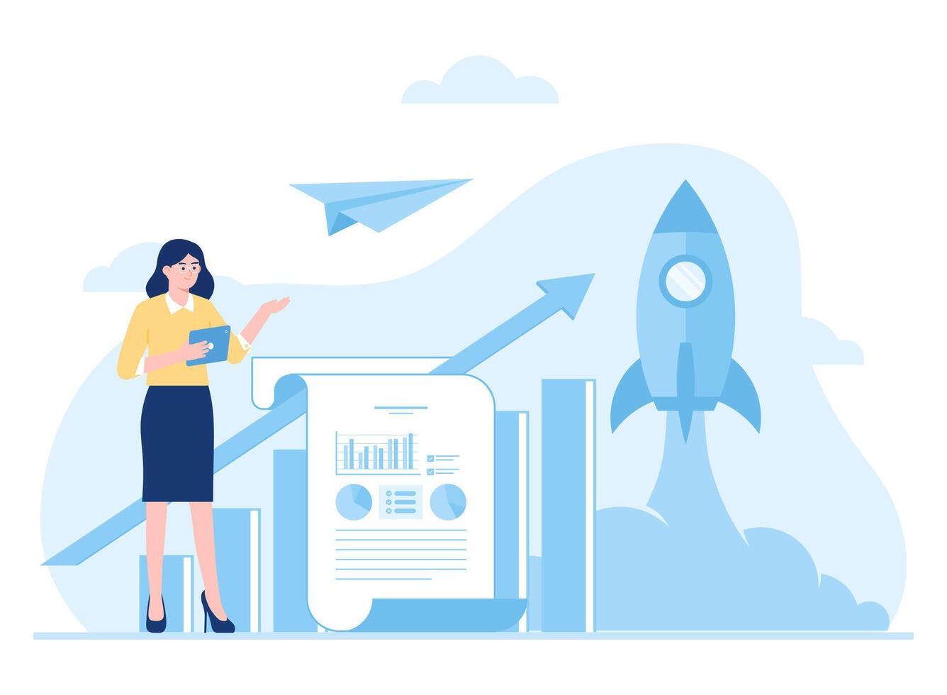 entrepreneurs working on launching a stock business concept flat illustration vector