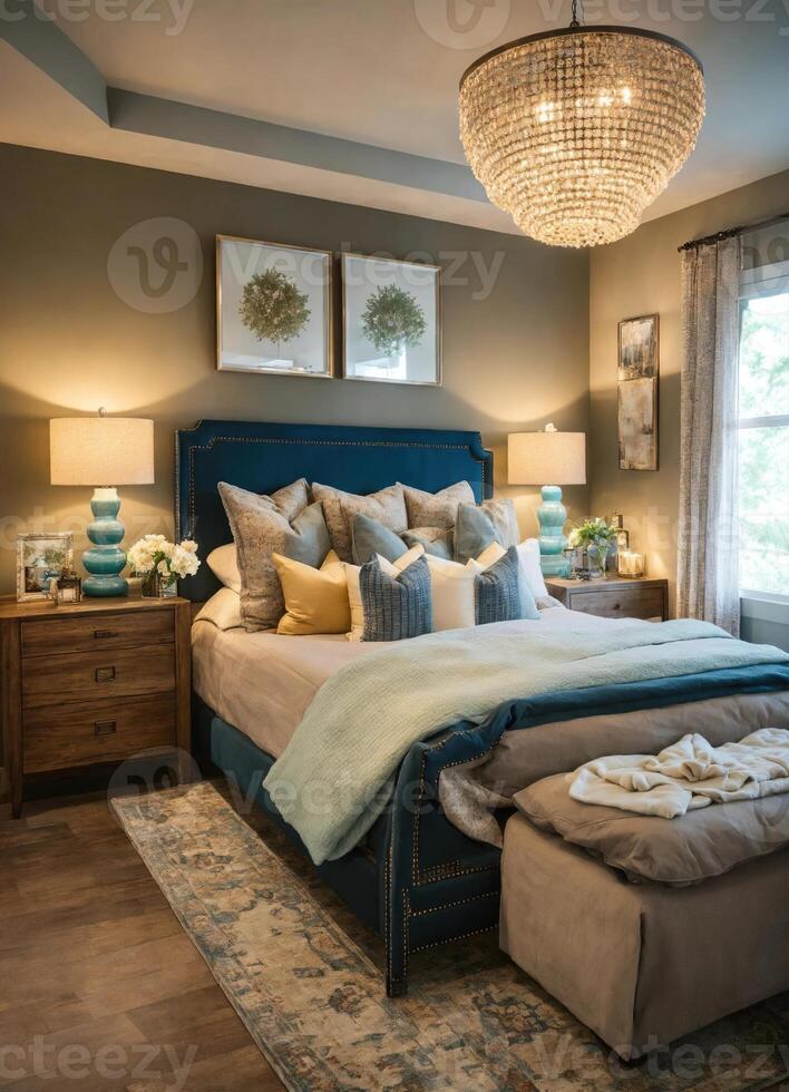 AI generated interior of classic bedroom, comfortable king size bed. ai generative photo