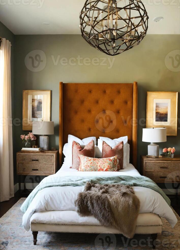 AI generated interior of classic bedroom, comfortable king size bed. ai generative photo