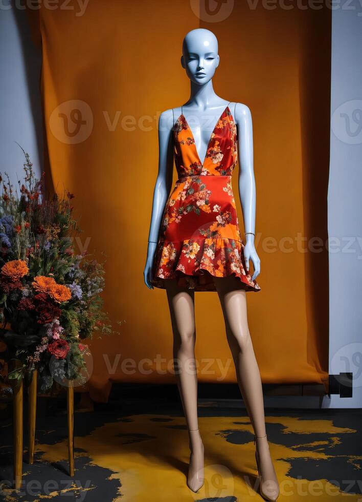 AI generated Fashionable evening orange summer dress on a mannequin. ai generative. ai generative photo