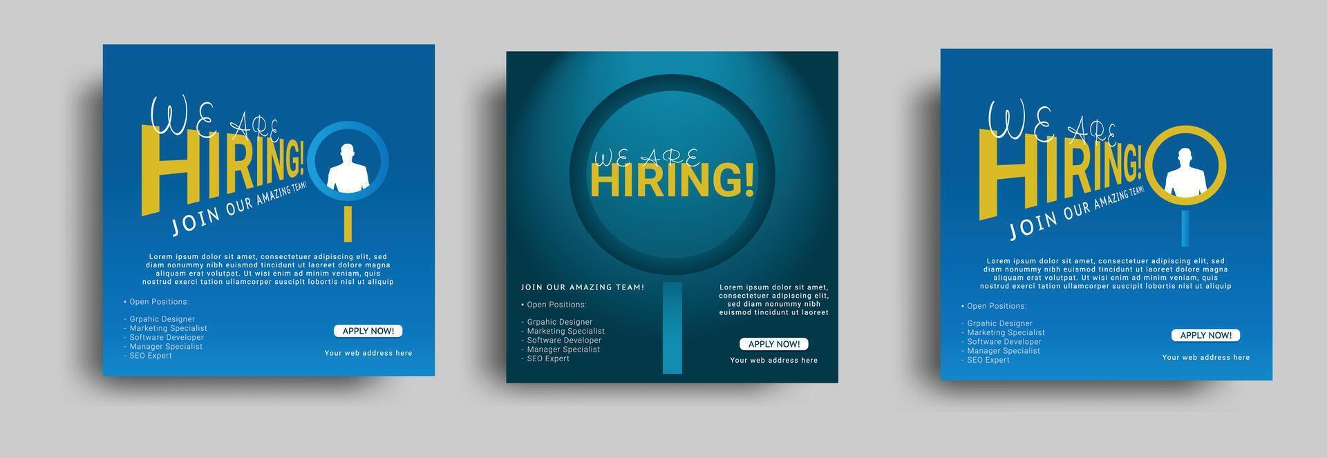 We are hiring social media post design template .Hiring Job post template, We are hiring Job advertisement .Job vacancy social media post design. Vector design.