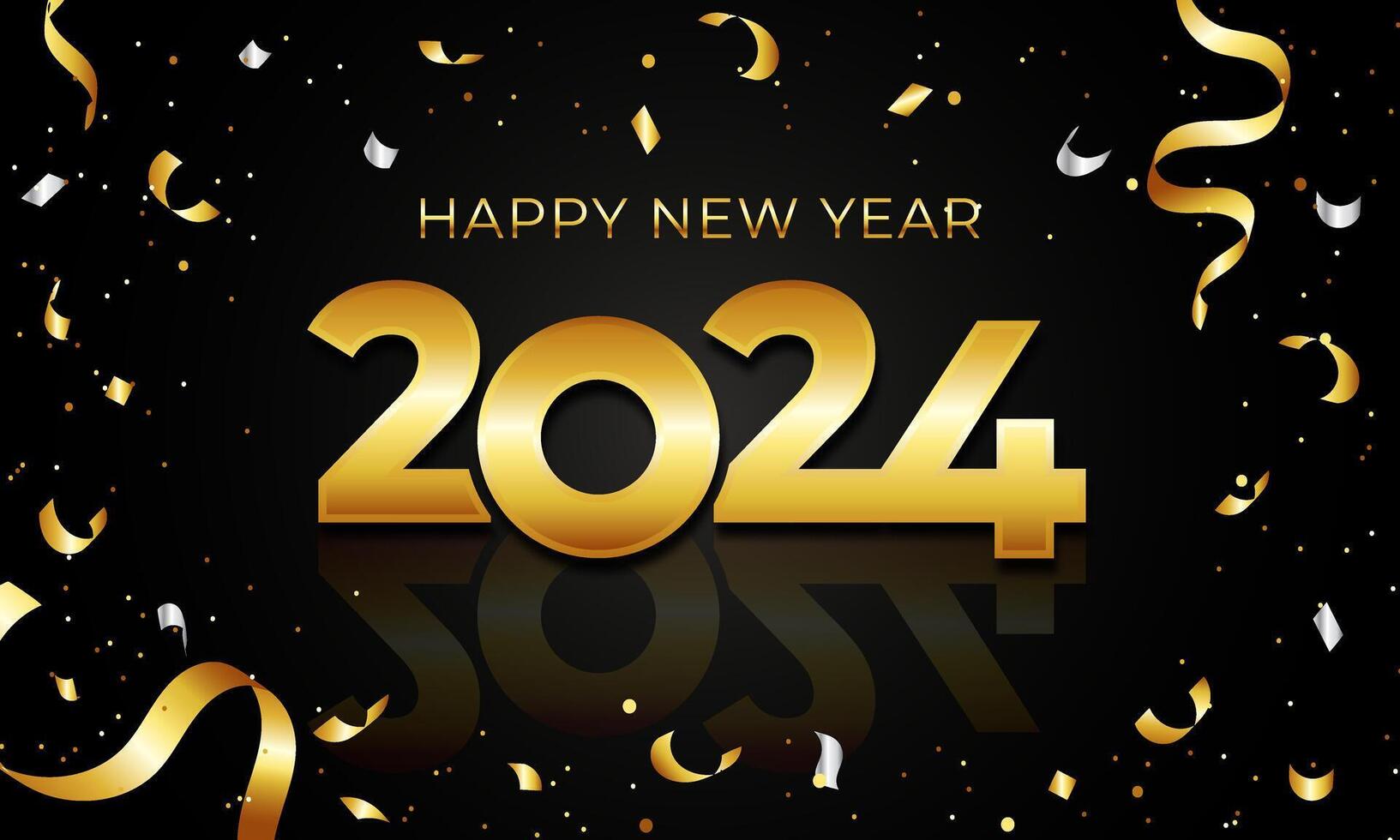 Happy new year 2024 with gold number and confetti design on dark background,suitable for holiday banner,poster design,greeting card design template illustration vector