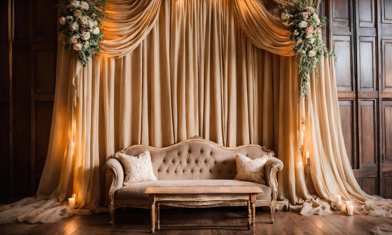 AI generated Interior of a rustic room with a beige sofa and curtains. ai generative photo