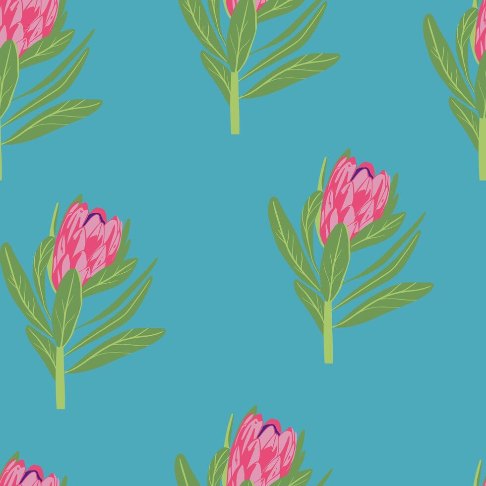 Protea flowers pattern. Seamless floral background. Repeating botanical print with blooms for wallpaper and wrapping. Delicate flora texture. Colored flat vector illustration