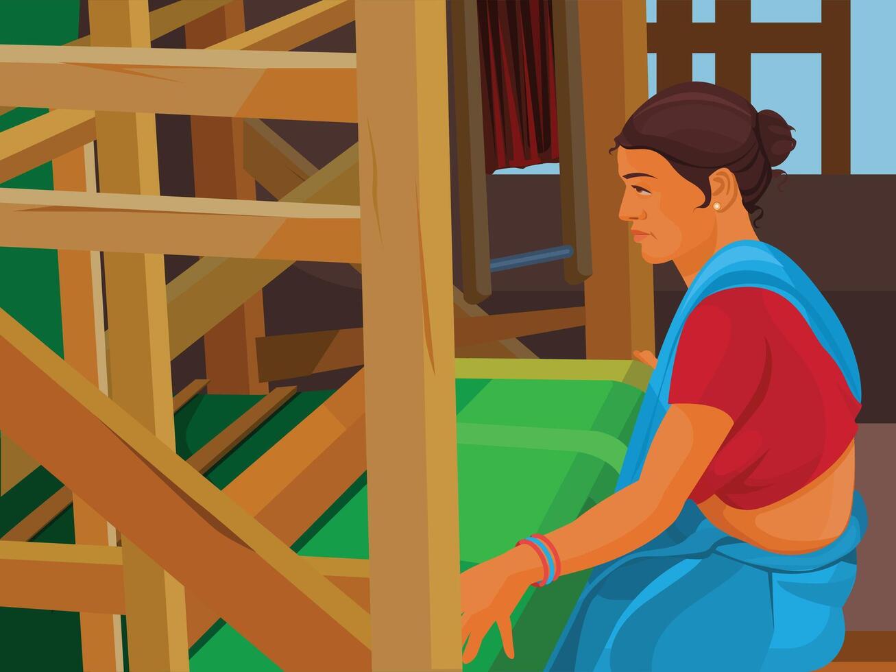 Indian woman, Traditional handloom weaver, village local weavers making cloth for scarves vector