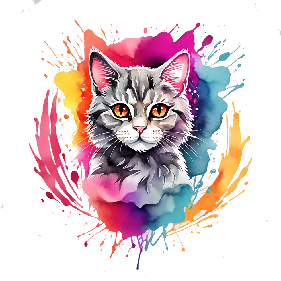high quality, logo style, Watercolor, powerful colorful cute cat logo facing forward, monochrome background, by ,awesome full color, png