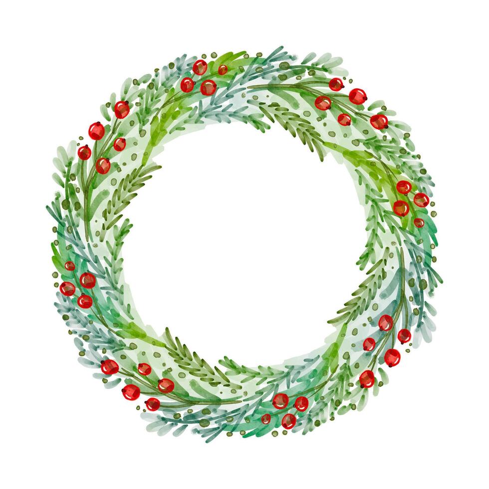 Watercolor wreath with christmas tree branches and holly berries vector