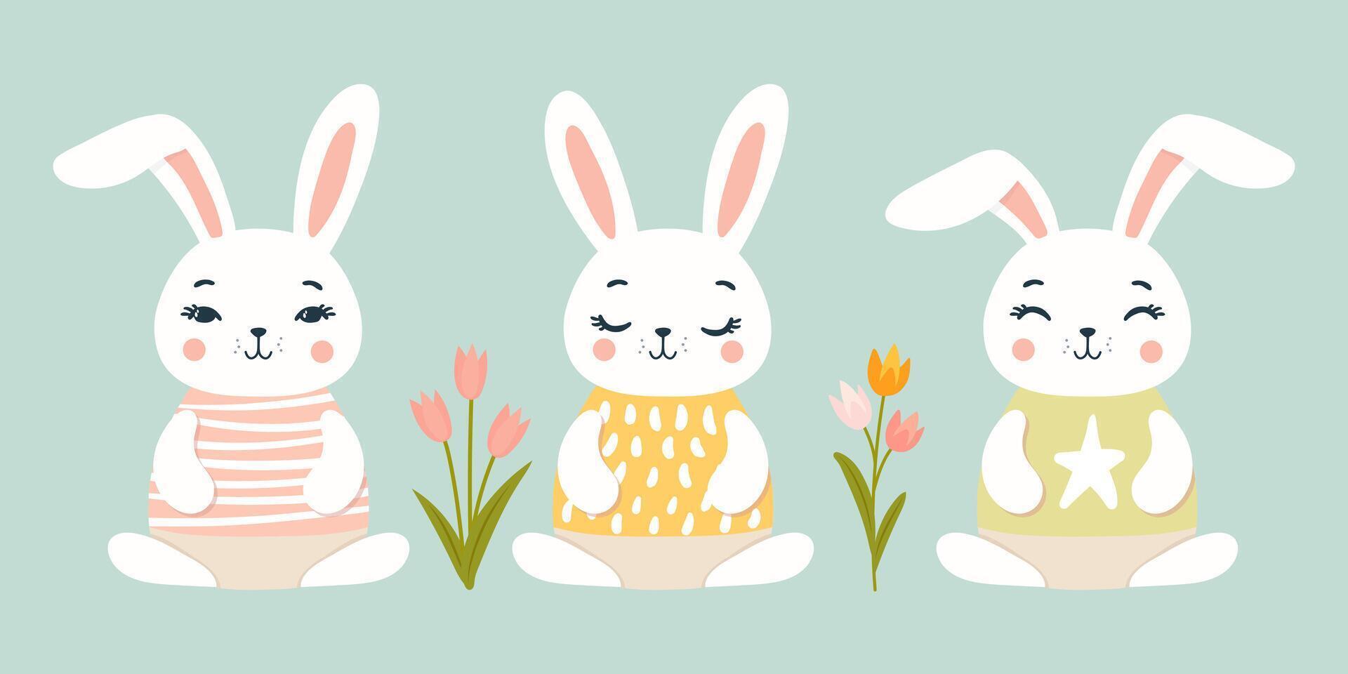 cute bunny easter. Cute rabbit face with different emotions. Symbol of Great Easter. tulips vector