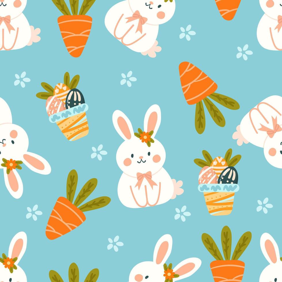 Seamless pattern easter with flowers cartoons easter basket vector