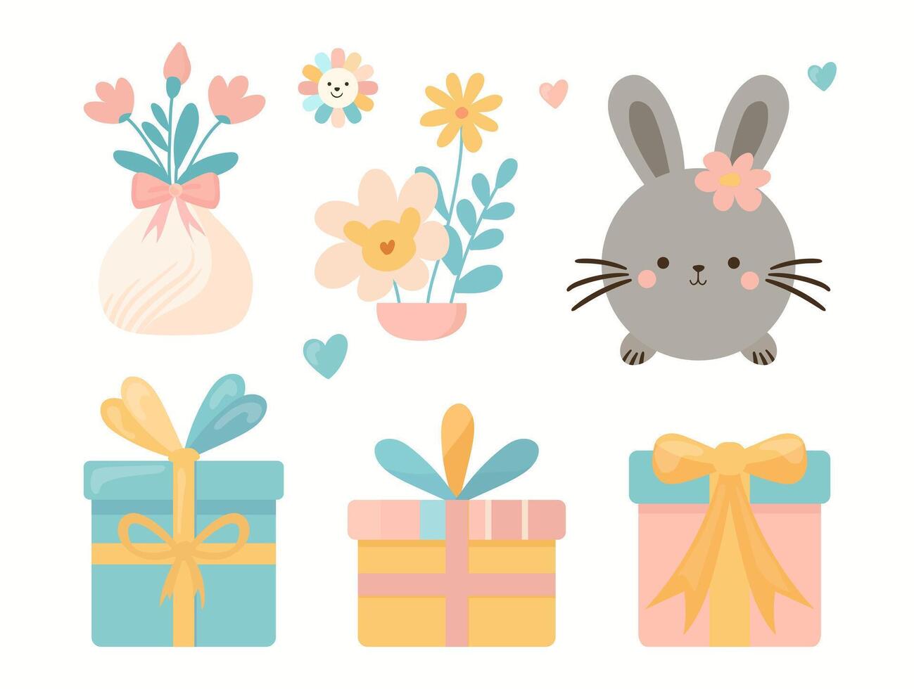 linda Pascua de Resurrección conejito con regalo cajas y flores vector