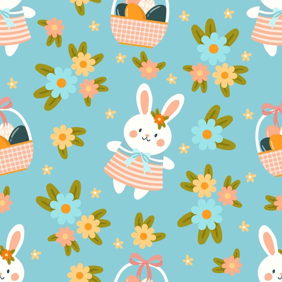 Seamless pattern easter with flowers cartoons easter basket vector