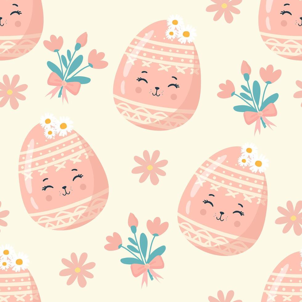 Seamless pattern easter with flowers cartoons eggs with cute faces vector