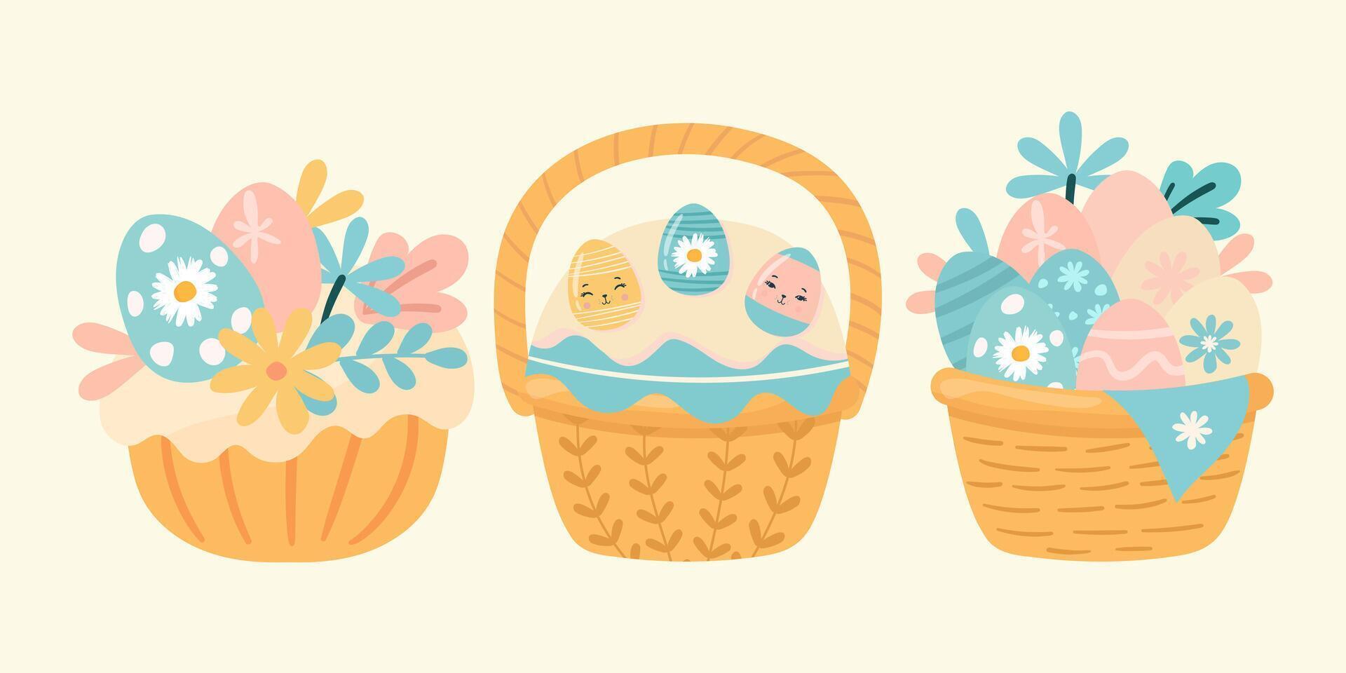 different Easter basket full of eggs cartoon clipart vector