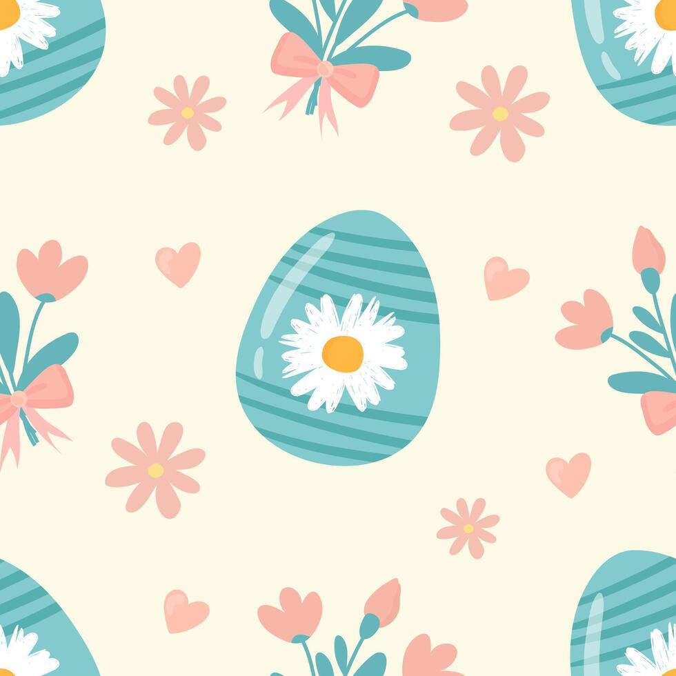 Seamless pattern easter with flowers cartoons eggs with cute faces vector