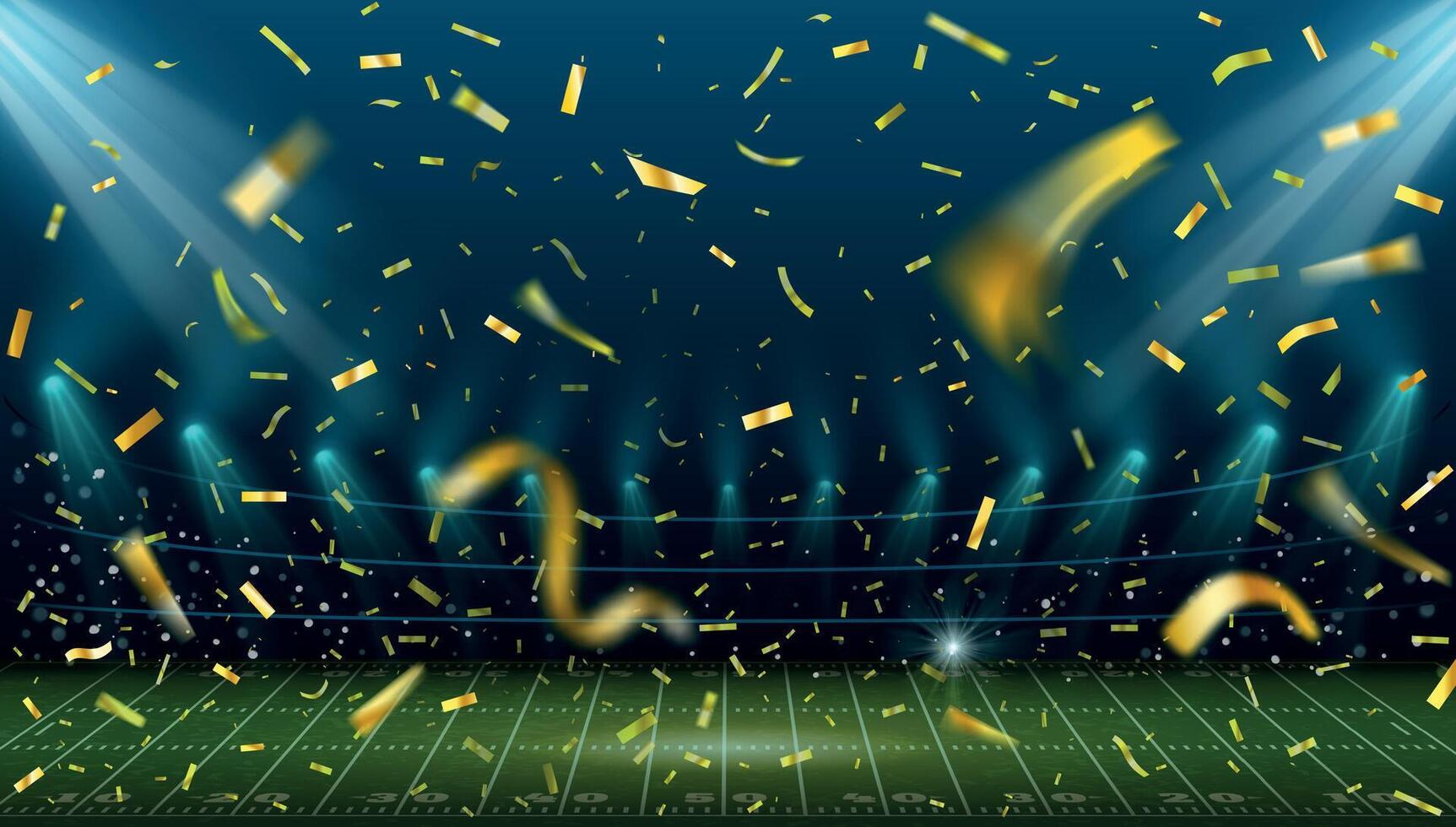 Football stadium with golden confetti. Landscape with american football field and arena lights. Sport game winner celebration vector concept