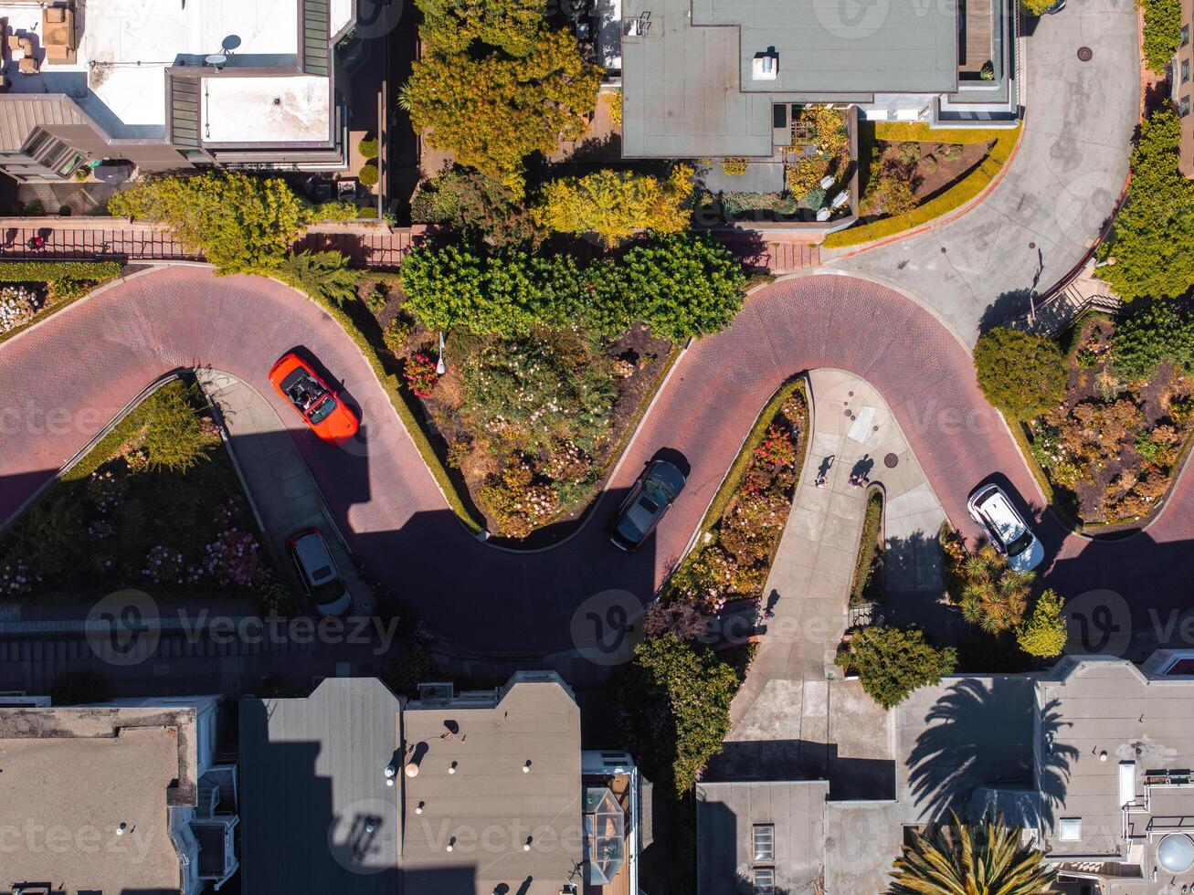 Panoramic view of aerial Lombard Street, an east west street in San Francisco, California. photo