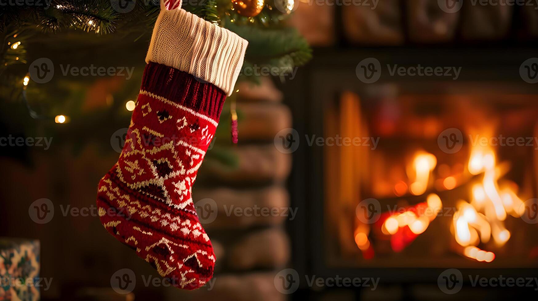 AI generated a stockings hanging from a christmas tree next to a fireplace photo