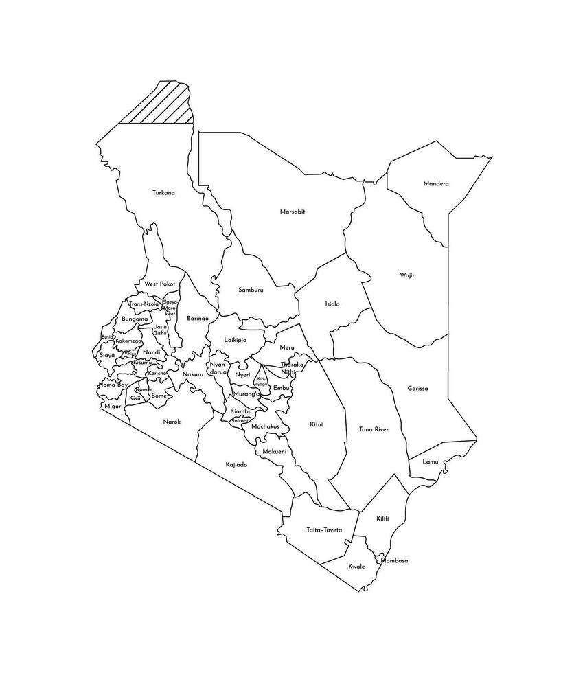 Vector isolated illustration of simplified administrative map of Kenya. Borders and names of the counties, regions. Black line silhouettes.