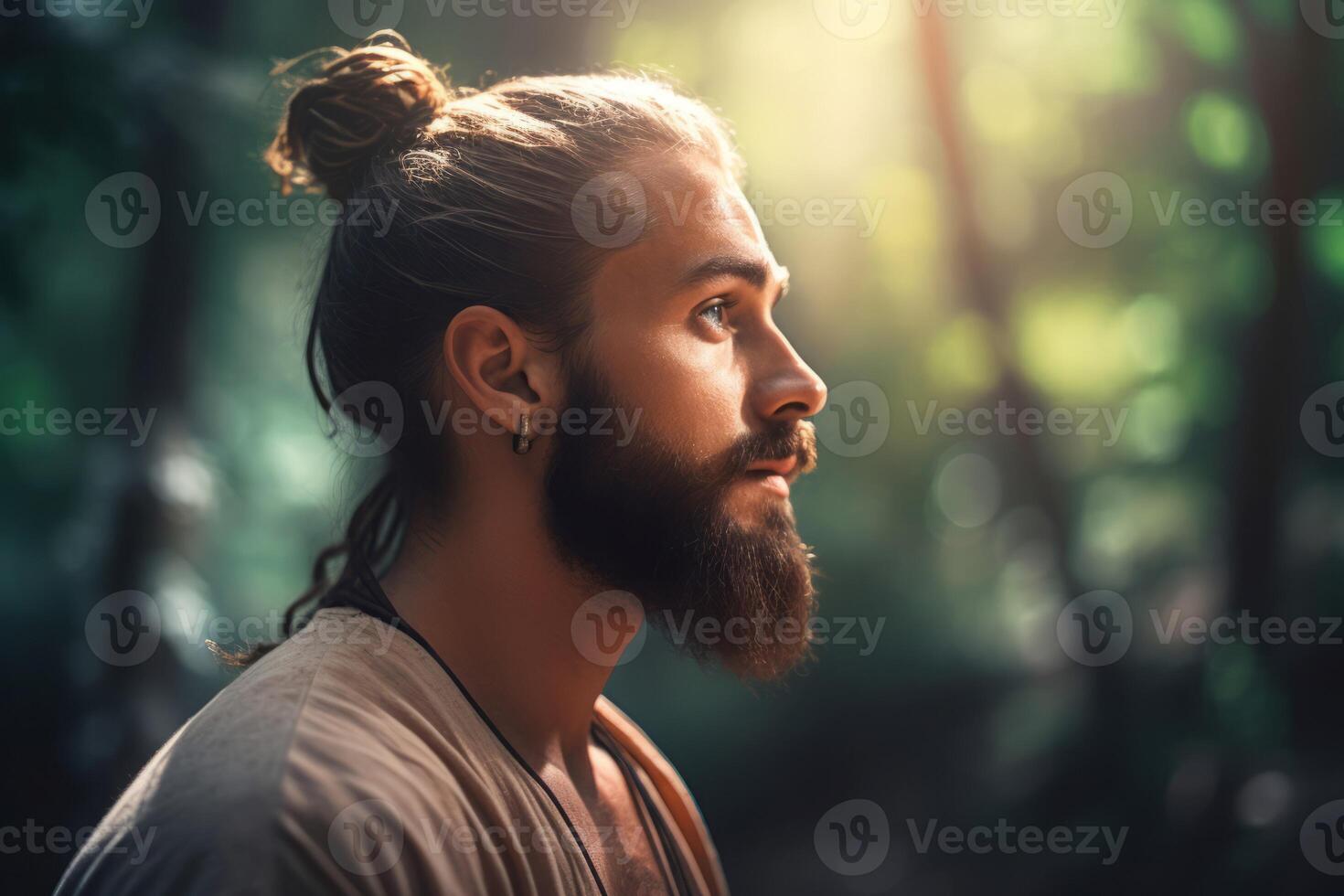 ai generado épico carismático barbado europeo chico en soleado bosque. generar ai foto