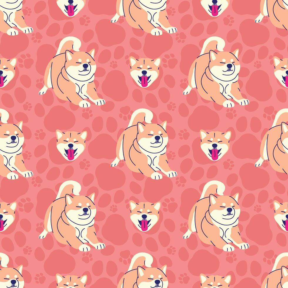 SHIBA INU WITH DOG PAWS SEAMLESS PATTERN vector