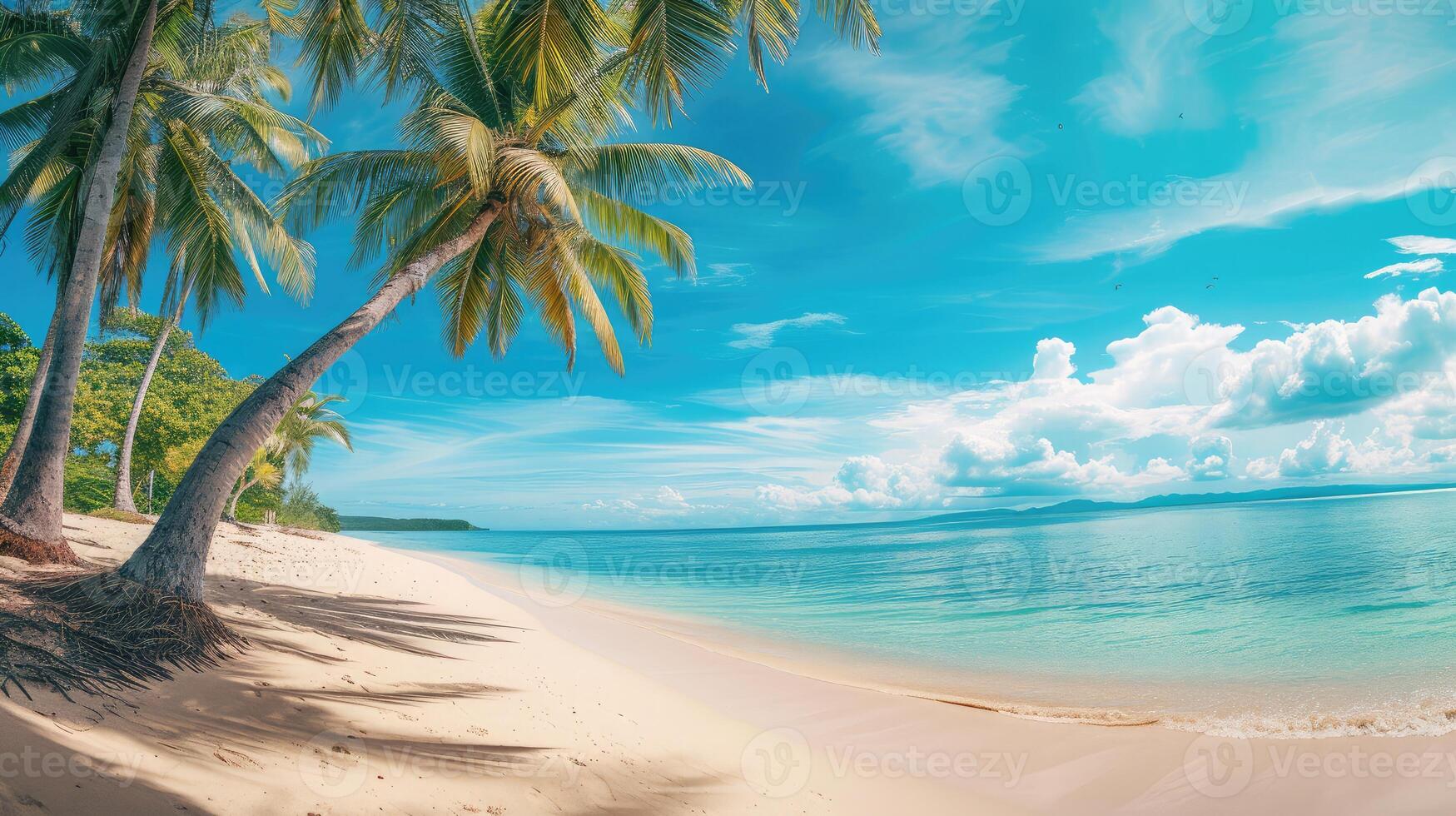 AI generated panorama of tropical beach with coconut palm trees photo