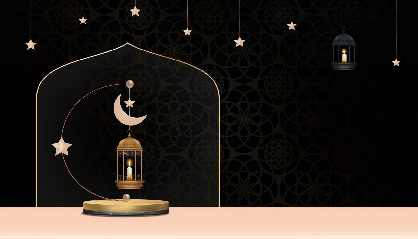 Ramadan Background,Traditional islamic lantern on podium with Crescent moon,Star hanging on black wall,Vector Religion of Muslim Symbolic,Eid al fitr,Ramadan Kareem,Eid al Adha,Eid Mubarak vector