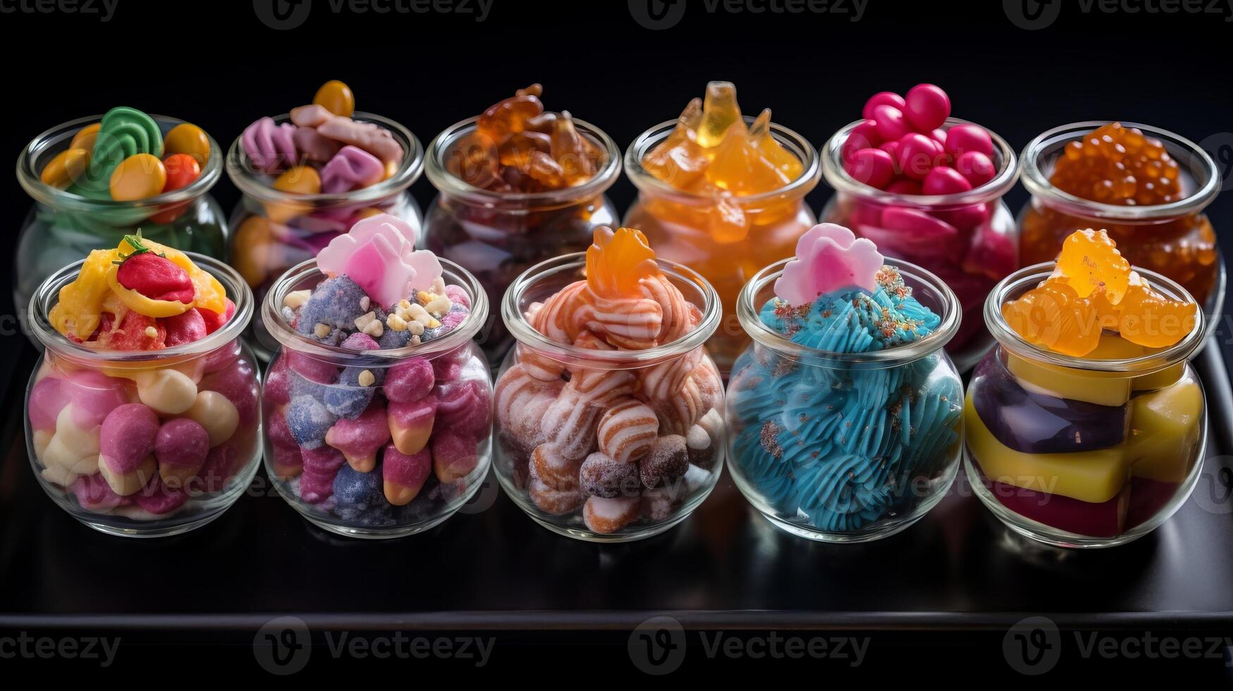 AI generated Colorful candies in glass jars on black background, closeup photo