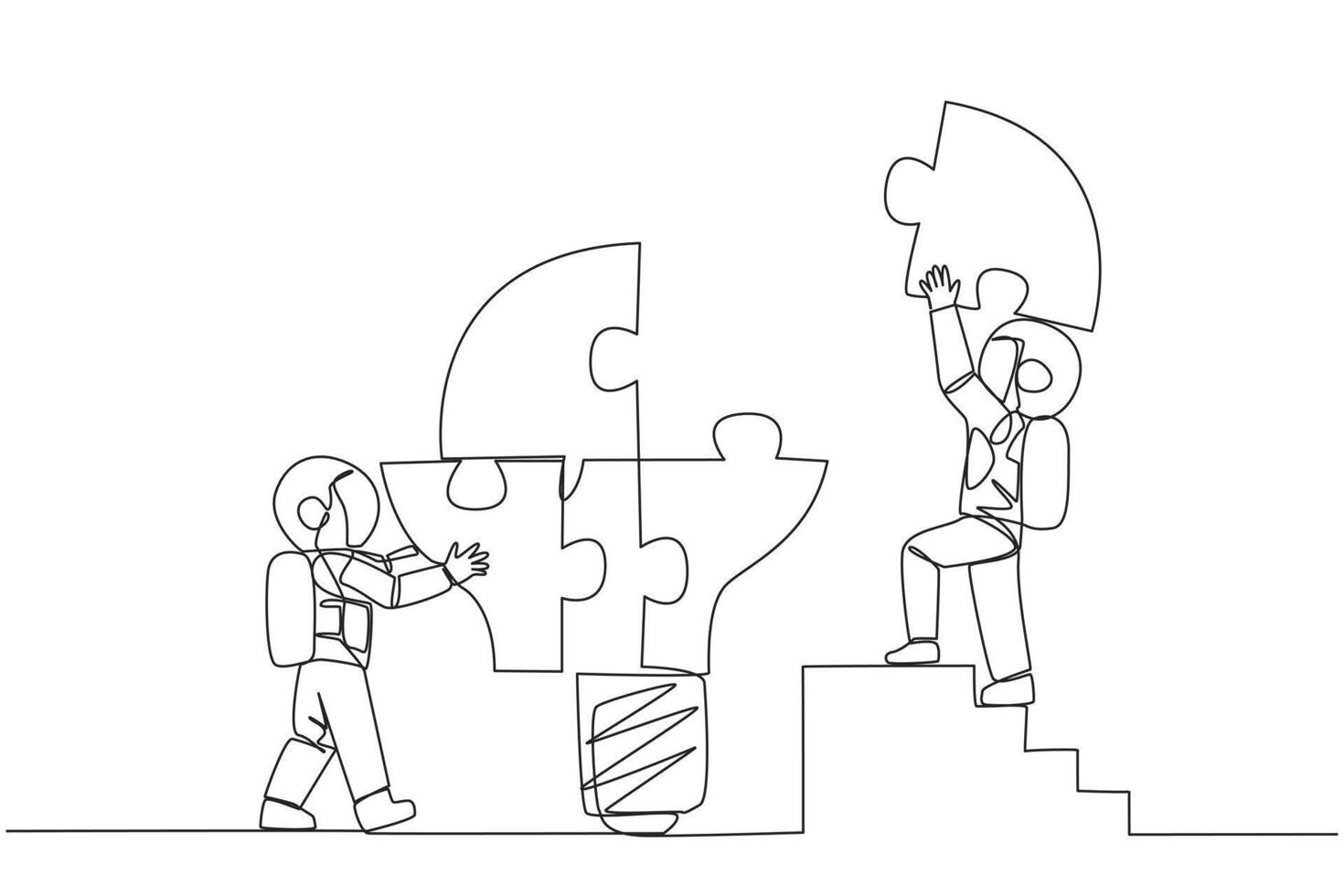 Single one line drawing two astronauts put together four lightbulb-shaped puzzle pieces. Teamwork brings ideas together. Deep space astronaut concept. Continuous line design graphic illustration vector