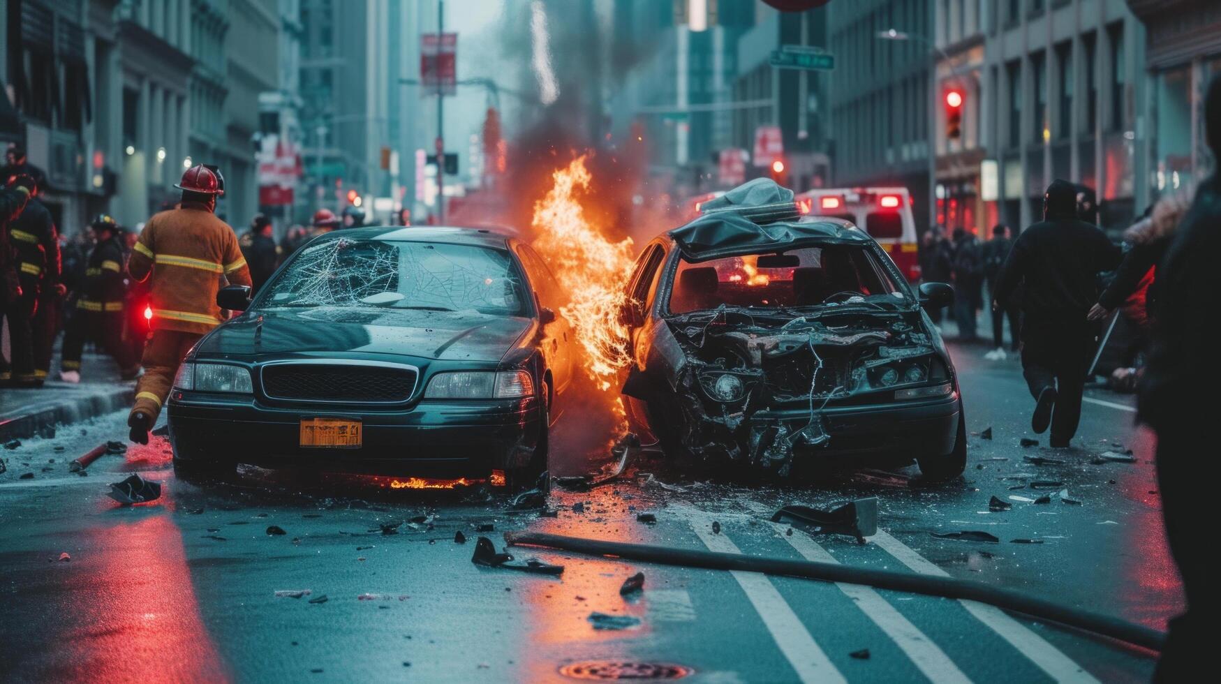 AI generated A two-car accident in the middle of the road in a big city photo