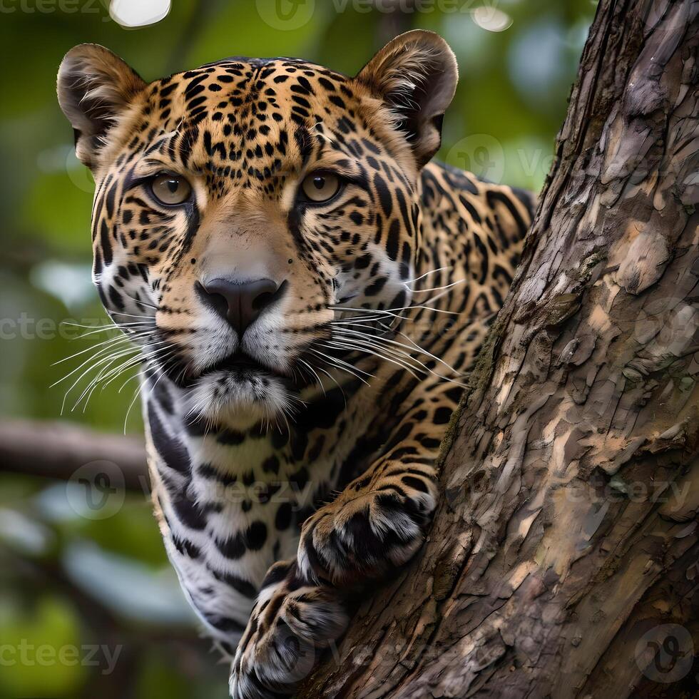 AI generated Jaguars inhabit jungles in Mexico, Central and South American. The jaguar is a large feline species native to the Americas.  Iit is the third-largest big cat in the world. photo