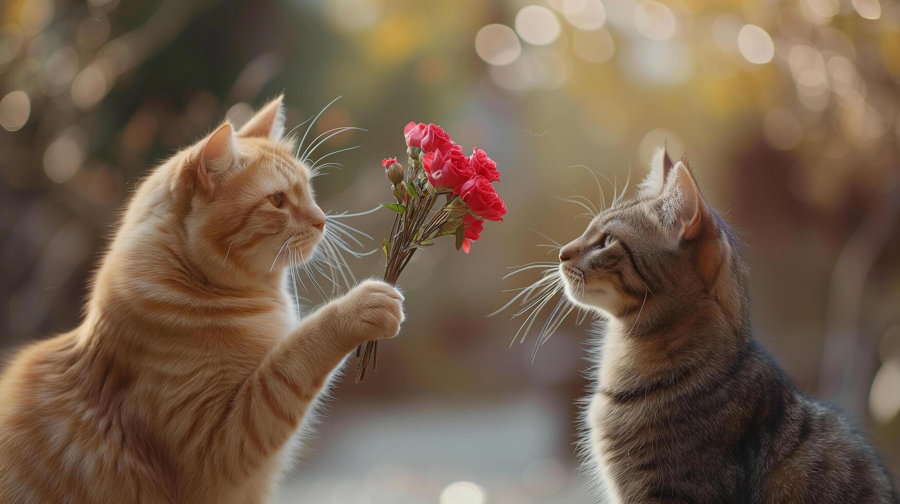 AI generated Cute cat holding bouquet of flowers and give for surprise for the other cat in valentines day or holiday gift, love and romantic concept photo