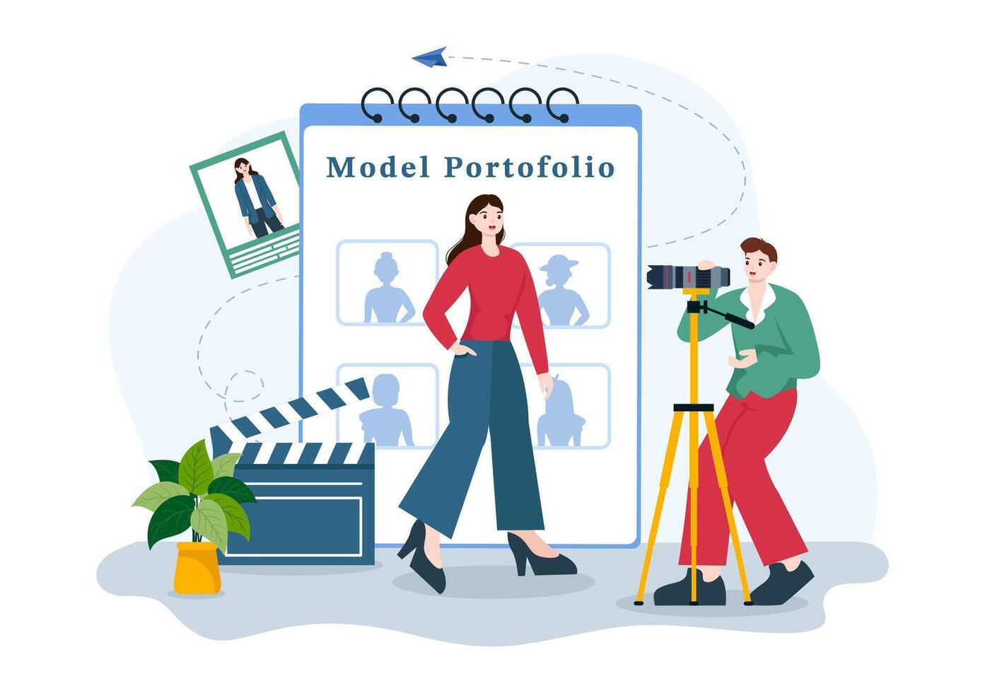 modelo portafolio vector ilustración con modelado agencia gerente y fotógrafo tomar fotos de modelo en plataforma plano dibujos animados antecedentes diseño