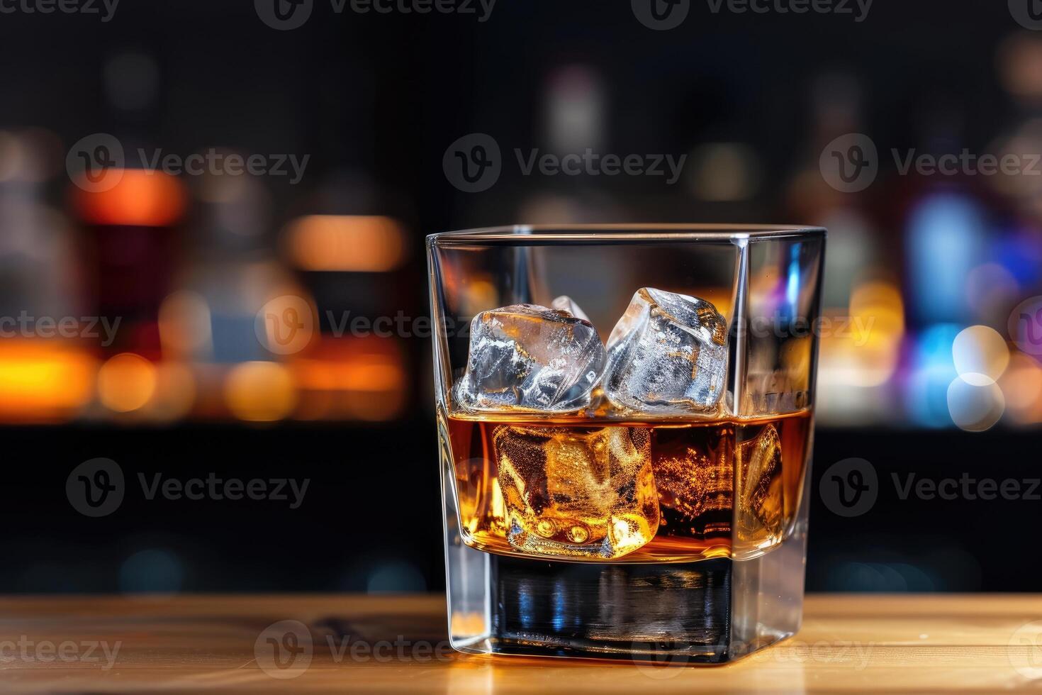 AI generated glass of whiskey and ice on the bar, check-out, alcohol, quiet luxury photo