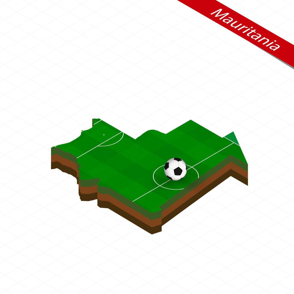 isométrica mapa de Mauritania con fútbol campo. fútbol americano pelota en centrar de fútbol americano paso. vector