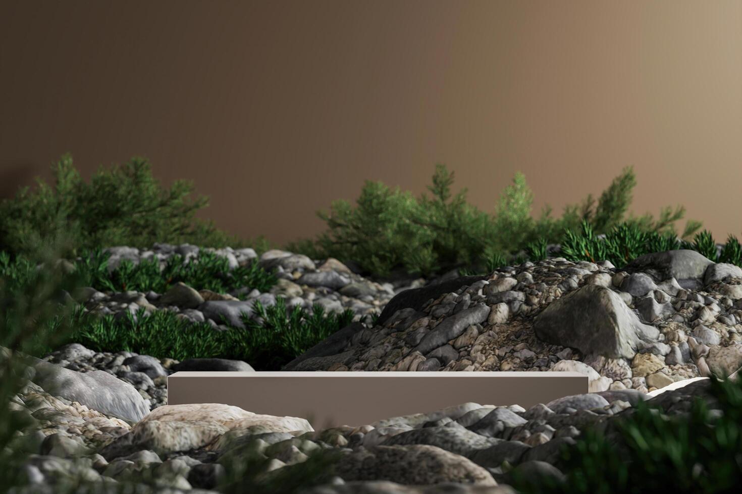 White platform middle mockup scene gravel and small plants. Abstract mockup scene for product presentation. 3d rendering photo