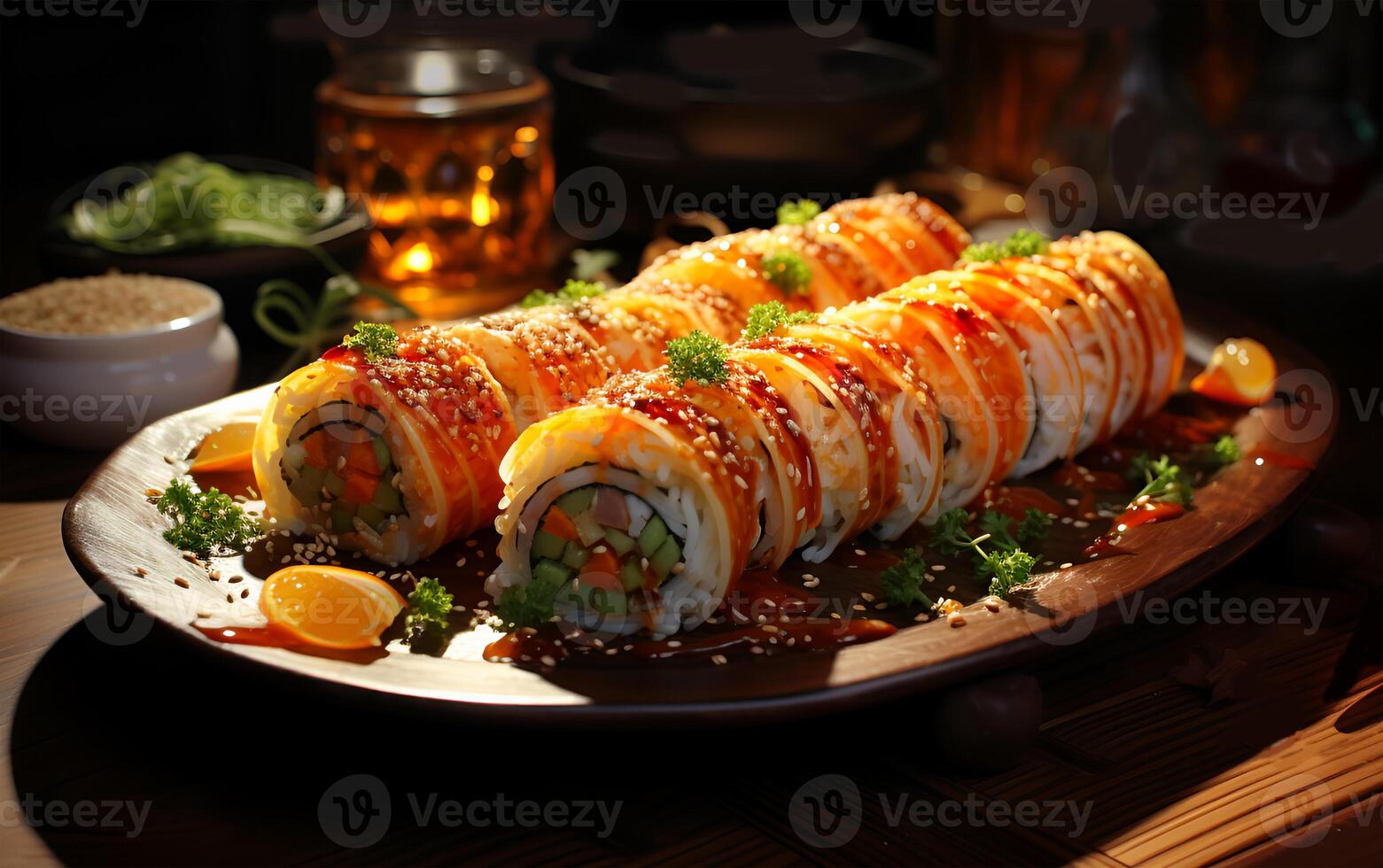 AI generated Delicious noodle roll food on a plate on a wooden table photo