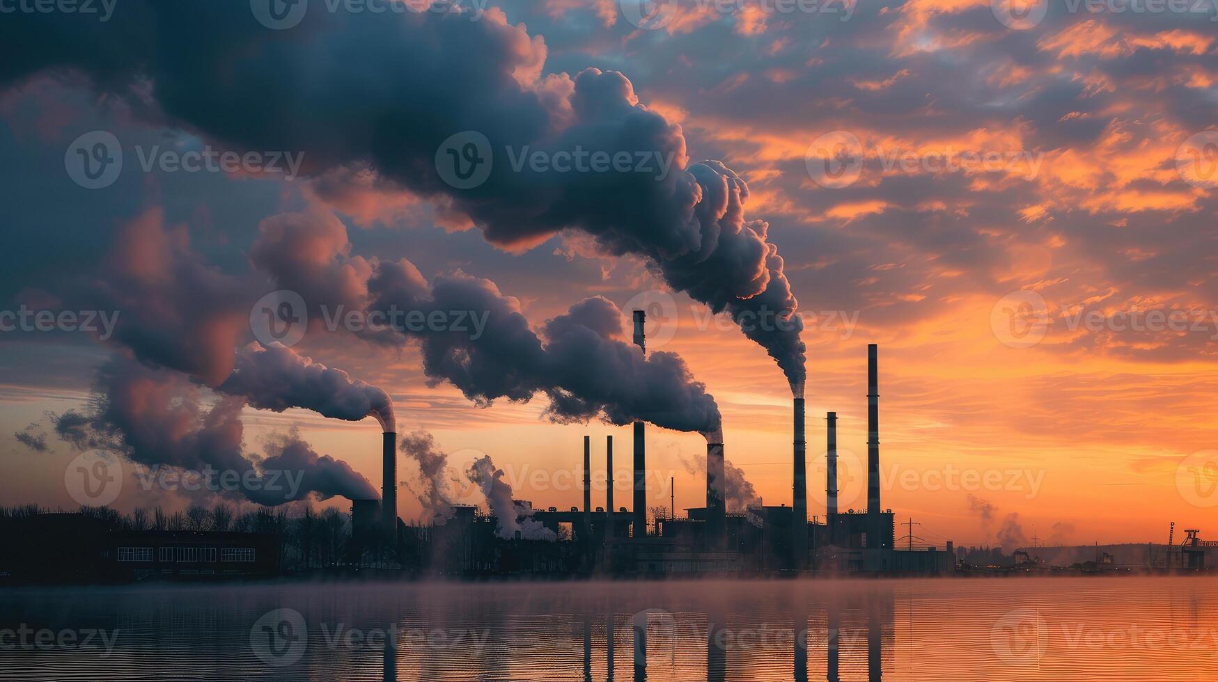 AI generated smoke stacks emmitting carbon pollution into the sky causing climate change photo
