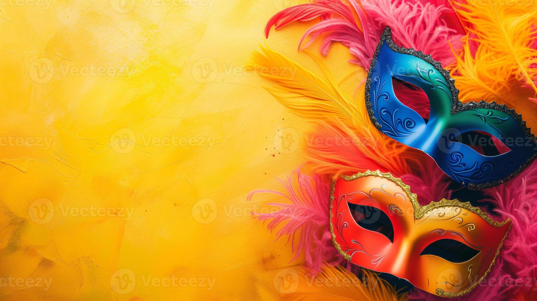 AI generated Mardi Gras background with empty copy space. banner with masquerade masks, confetti, feathers on yellow backdrop. Carnival. Purim. photo